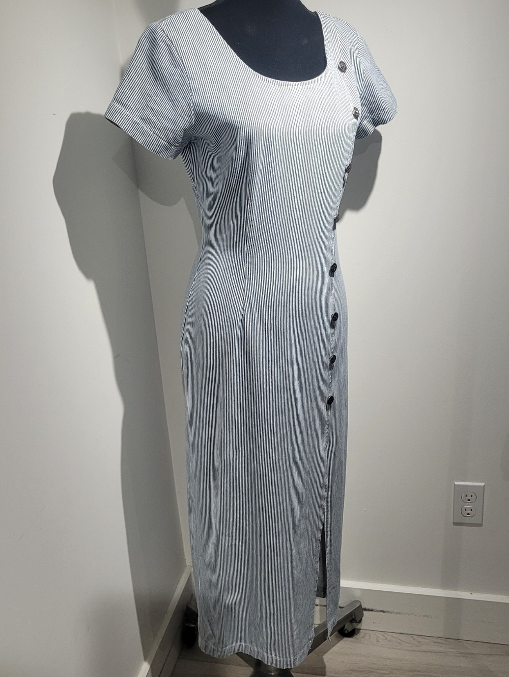Light Blue Pinstripe Maxi Dress with Side Button Detail - Picture 2 of 10